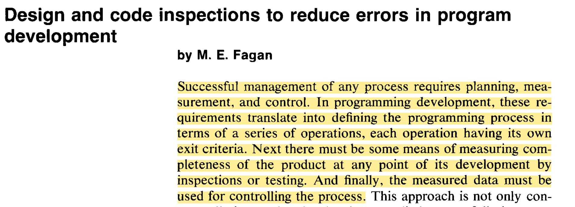 Opening paragraph of the paper, with the thesis highlighted: managing a process requires planning, measurement, and control