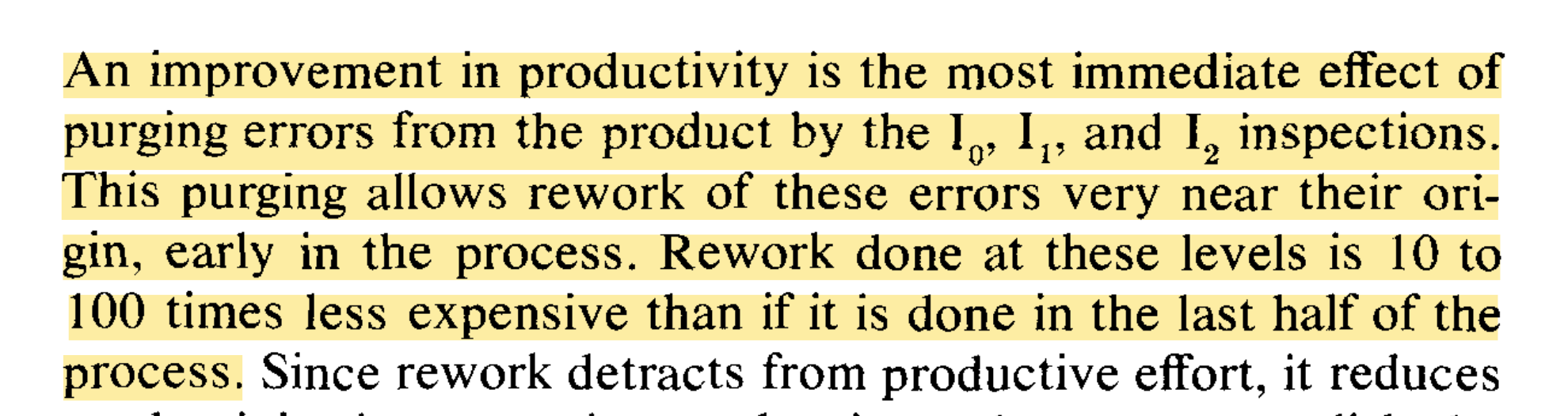 Highlighted quote: purging errors early is 10 to 100 times less expensive than late rework
